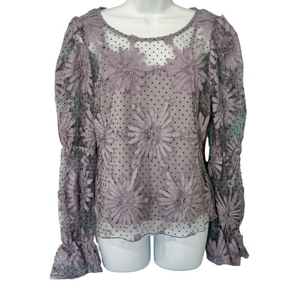 Anthropologie Eva Franco Purple 3D Flower Sheer Puff Sleeve Top sz XS NEW Tags - Picture 2 of 15